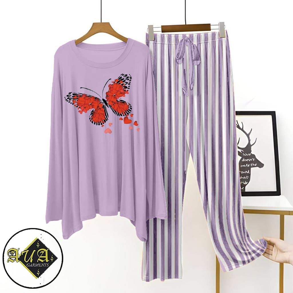 Purple Lining Trouser Printed Night Suit with Luxurious Lining Pajamas Stylish Sleepwear Set for a Cozy Night's Rest (002)