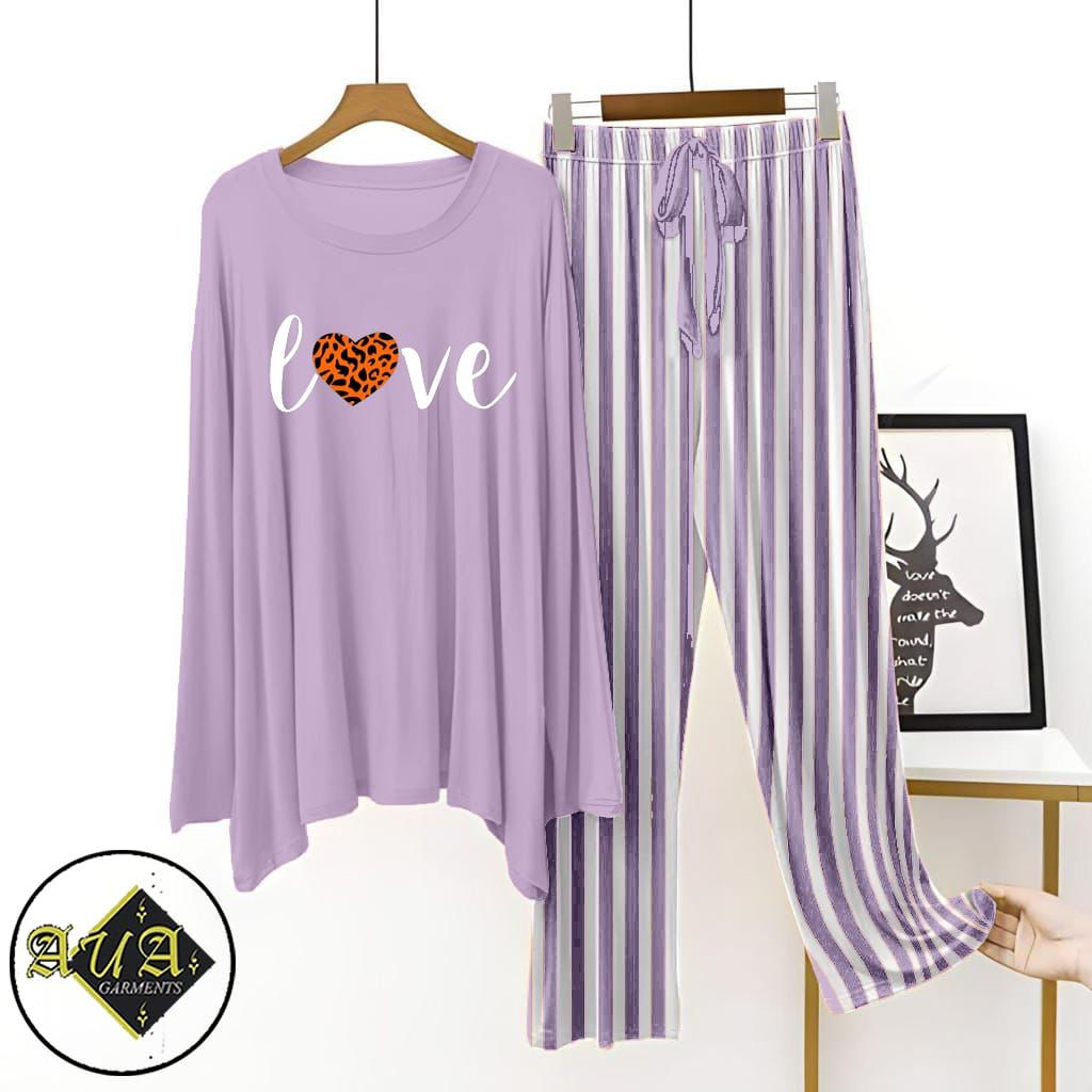 Purple Lining Trouser Printed Night Suit with Luxurious Lining Pajamas Stylish Sleepwear Set for a Cozy Night's Rest (002)