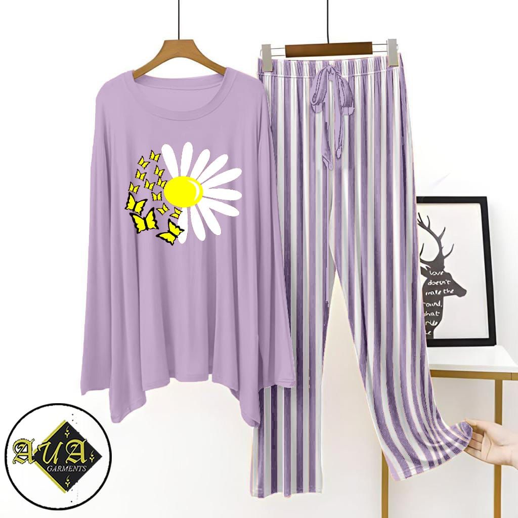 Purple Lining Trouser Printed Night Suit with Luxurious Lining Pajamas Stylish Sleepwear Set for a Cozy Night's Rest (002)