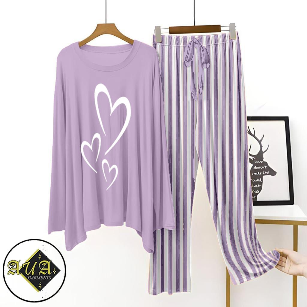 Purple Lining Trouser Printed Night Suit with Luxurious Lining Pajamas Stylish Sleepwear Set for a Cozy Night's Rest (002)