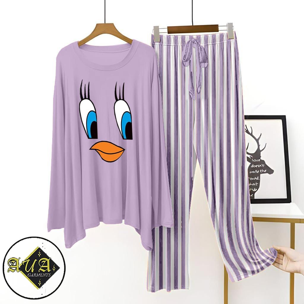 Purple Lining Trouser Printed Night Suit with Luxurious Lining Pajamas Stylish Sleepwear Set for a Cozy Night's Rest (002)