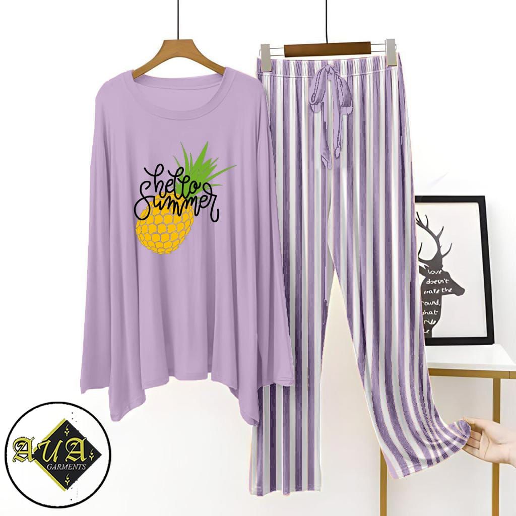 Purple Lining Trouser Printed Night Suit with Luxurious Lining Pajamas Stylish Sleepwear Set for a Cozy Night's Rest (002)