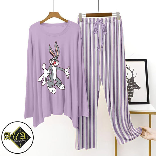 Purple Lining Trouser Printed Night Suit with Luxurious Lining Pajamas Stylish Sleepwear Set for a Cozy Night's Rest (002)