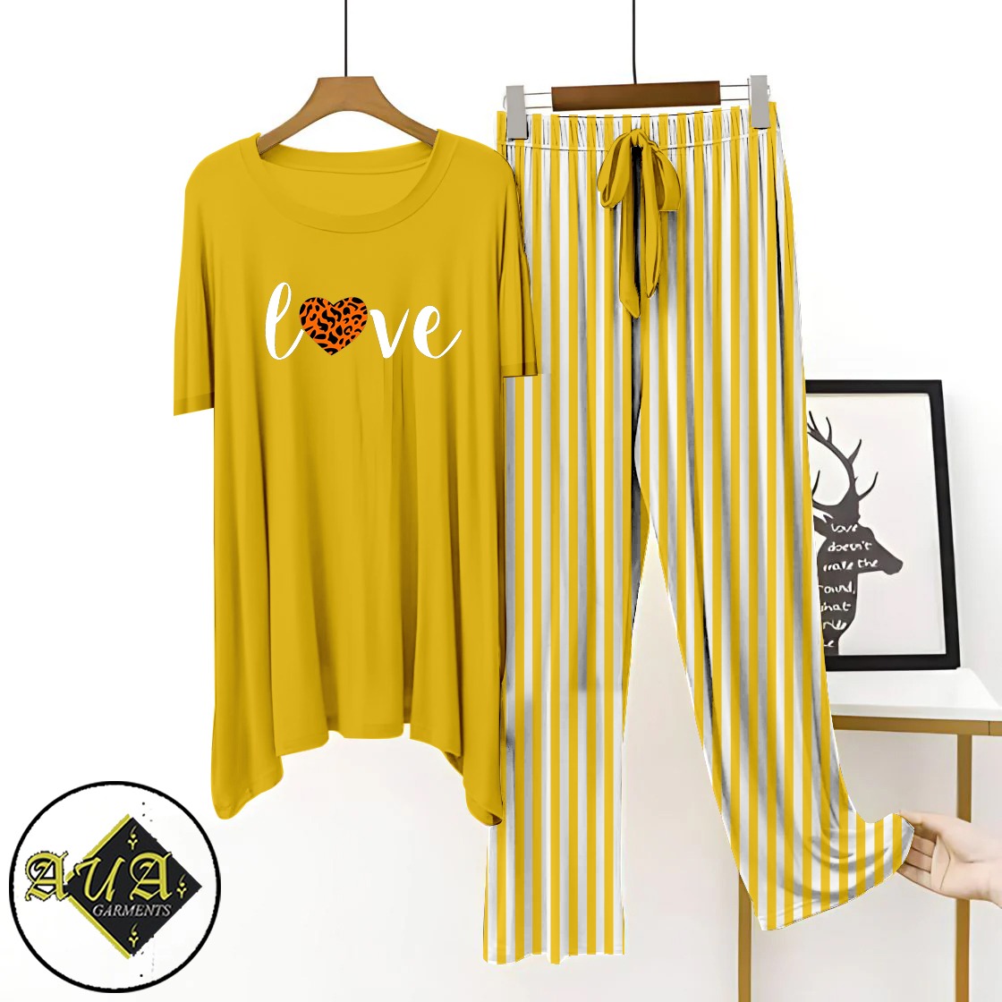 Yellow Lining Trouser Half-Sleeves Night Wear Lounge wear For Womens By Aua Garments (002)