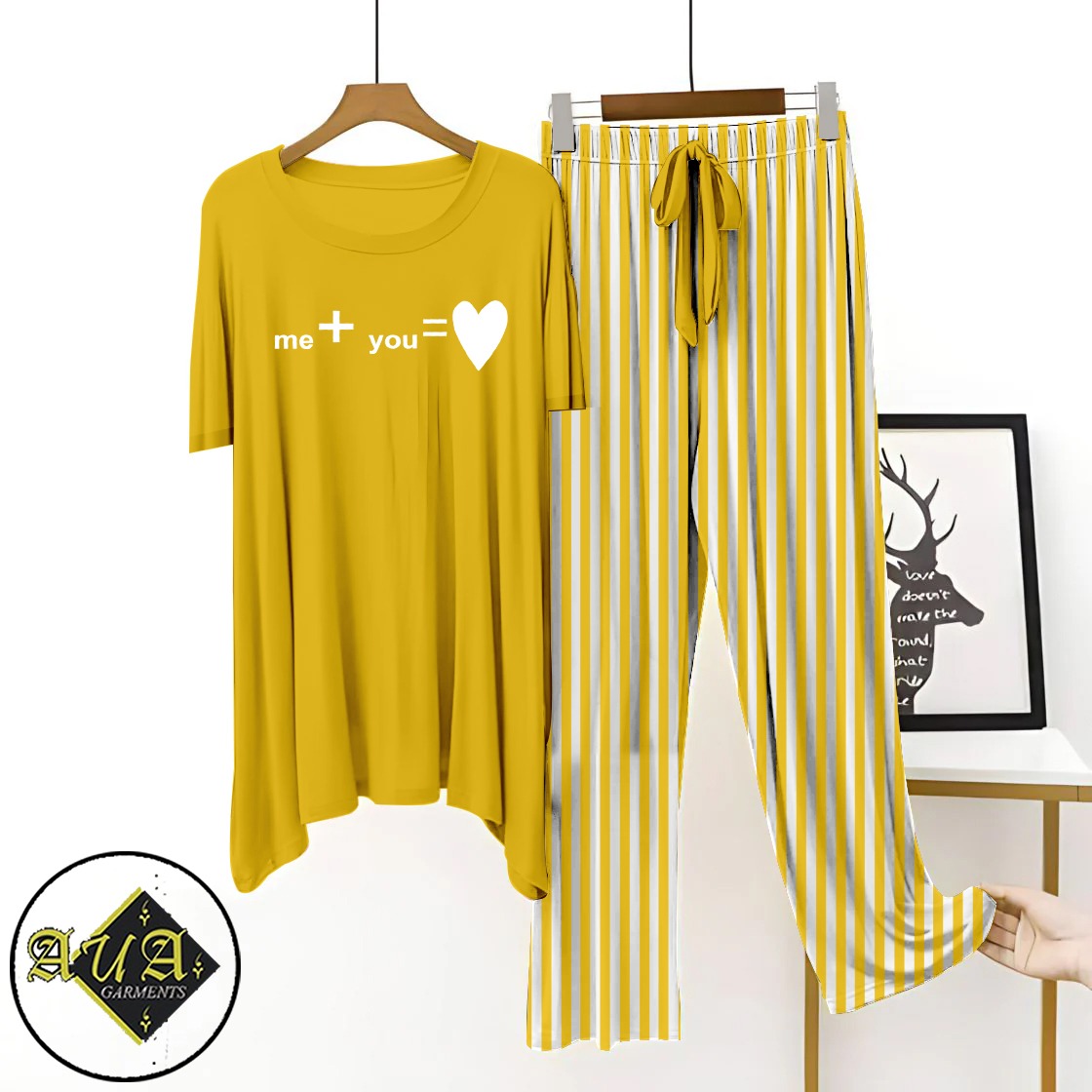 Yellow Lining Trouser Half-Sleeves Night Wear Lounge wear For Womens By Aua Garments (002)