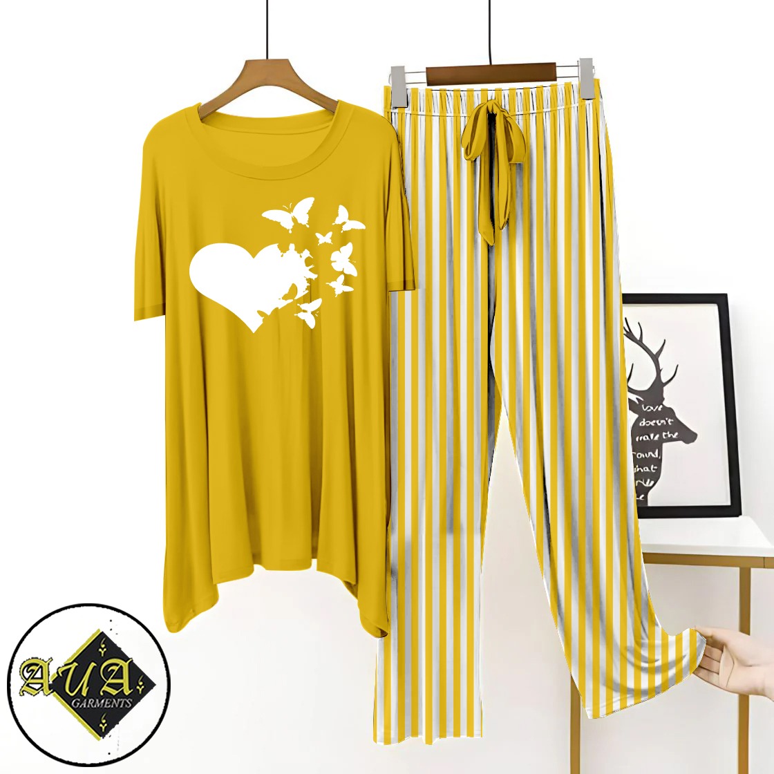 Yellow Lining Trouser Half-Sleeves Night Wear Lounge wear For Womens By Aua Garments (002)