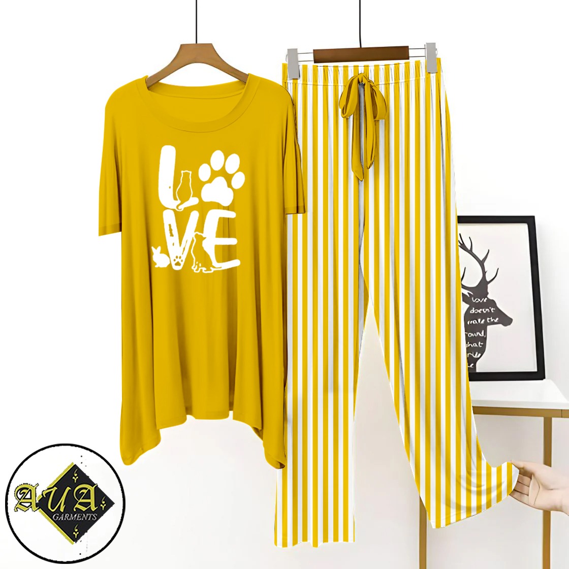 Yellow Lining Trouser Half-Sleeves Night Wear Lounge wear For Womens By Aua Garments (002)