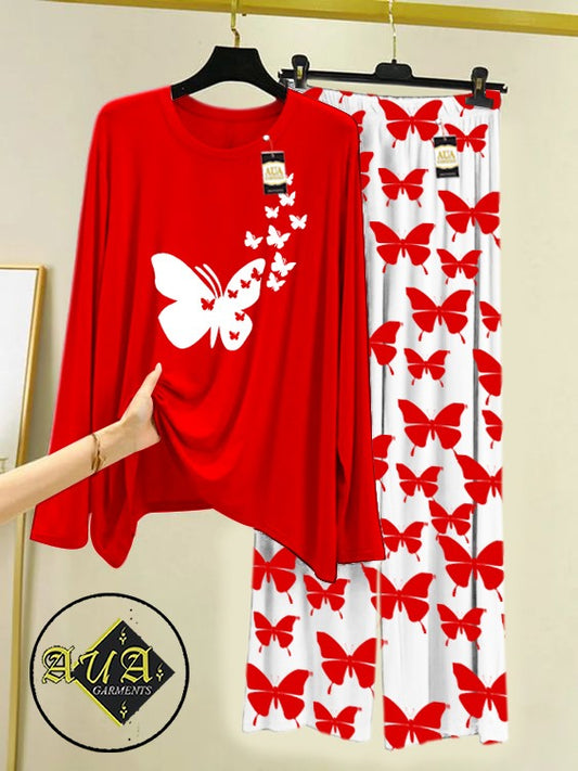 Red Flying Butterflies Lounge wear Nightwear Sleepwear With Butterfly Prinred Trouser For Women By Auagarments (003)