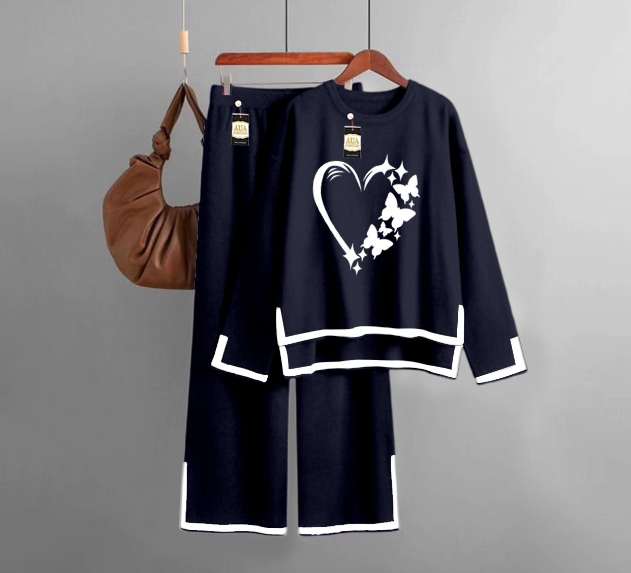 Butterfly Heart Printed Turkish Winter Co-Ord Set for Women - Warm & Stylish Loungewear Light Navy