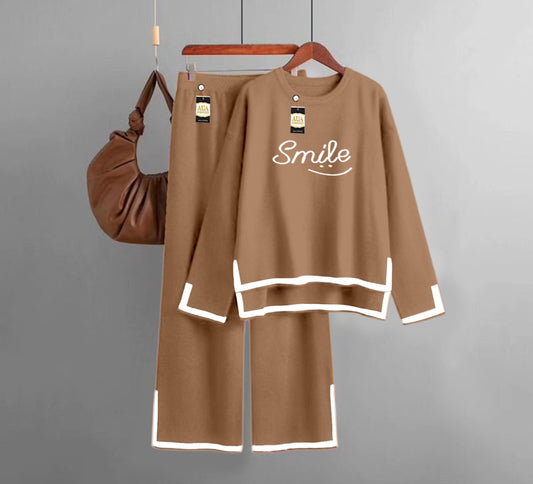 Smile Printed Turkish Winter Co-Ord Set for Women - Warm & Stylish Loungewear Brown