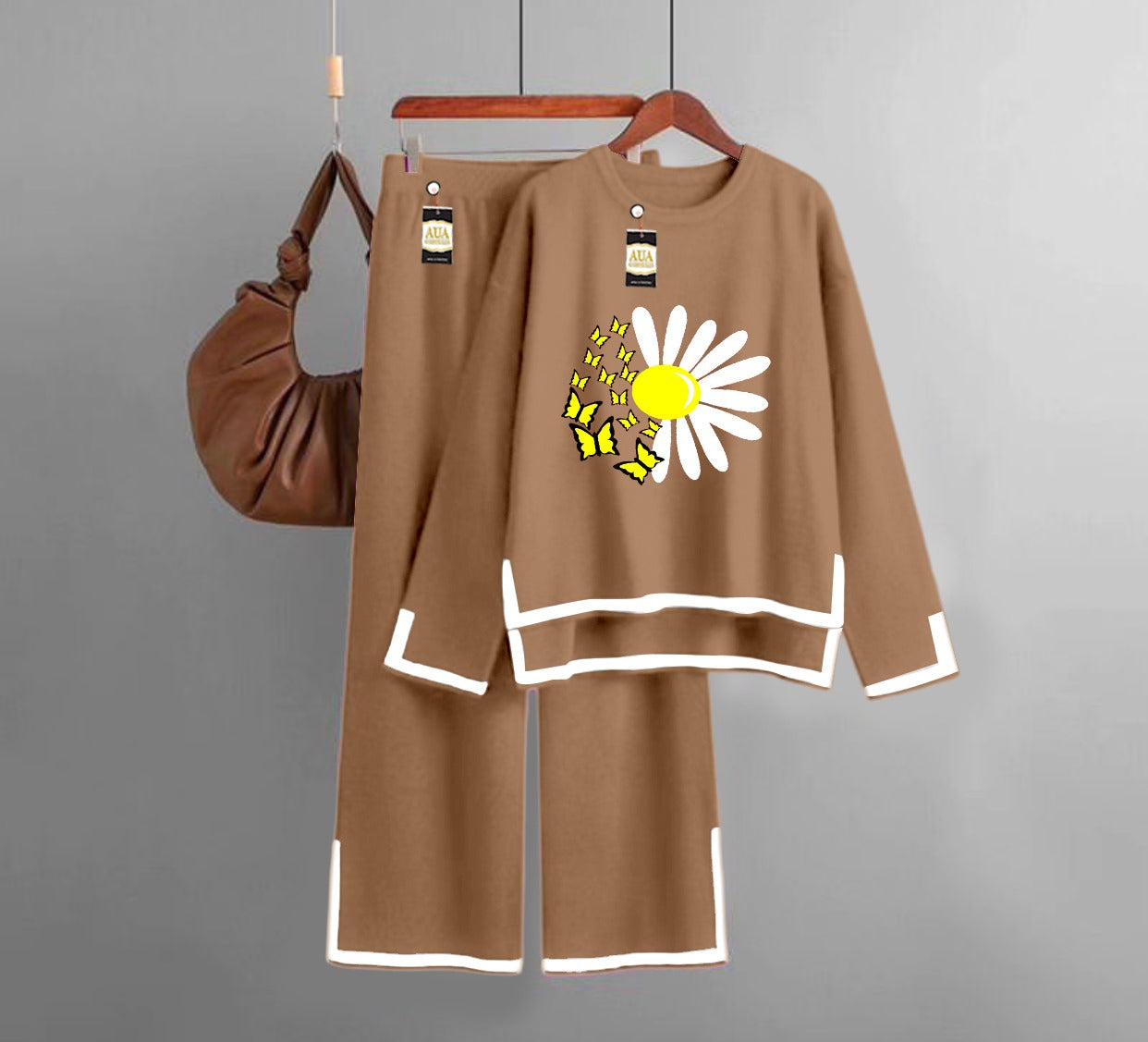 Sun Flower Printed Turkish Winter Co-Ord Set for Women - Warm & Stylish Loungewear Brown