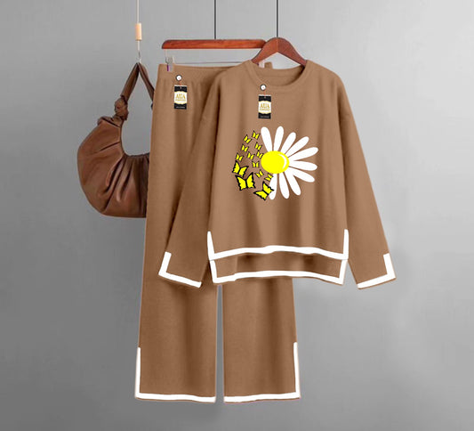 Sun Flower Printed Turkish Winter Co-Ord Set for Women - Warm & Stylish Loungewear Brown