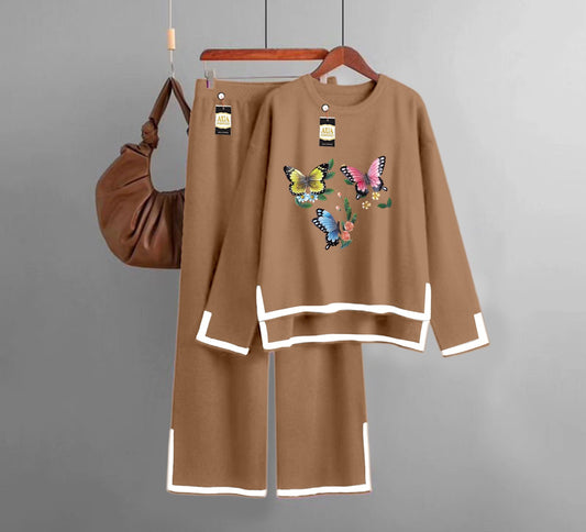 Multi Butterfly Printed Turkish Winter Co-Ord Set for Women - Warm & Stylish Loungewear Brown