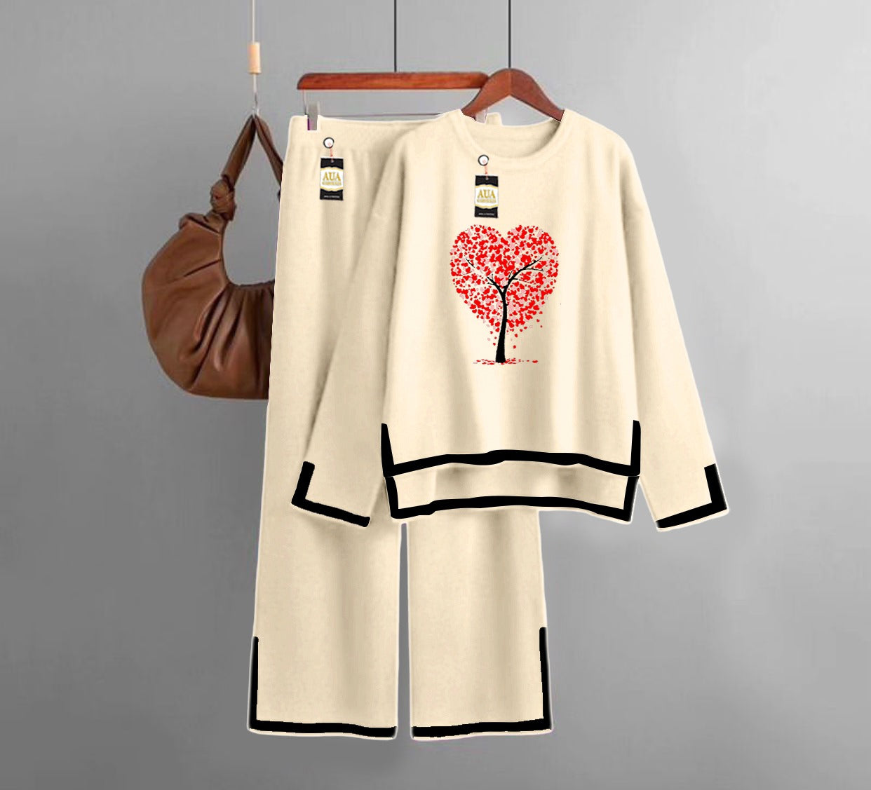 Tree Heart  Printed Turkish Winter Co-Ord Set for Women - Warm & Stylish Loungewear Beige