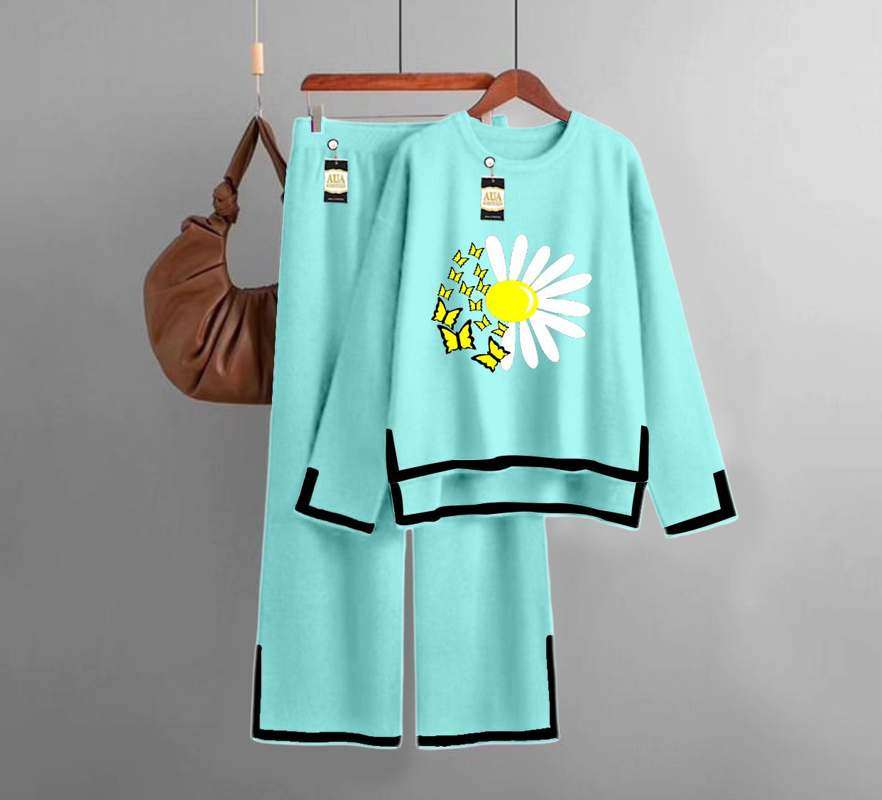 Sun Flower Printed Turkish Winter Co-Ord Set for Women - Warm & Stylish Loungewear Sky Blue