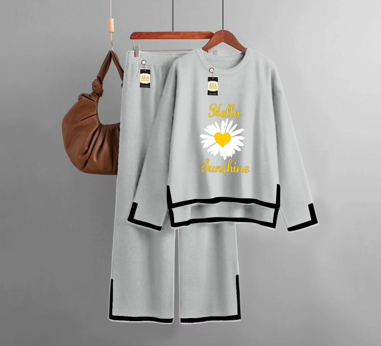 Sun Flower Printed Turkish Winter Co-Ord Set for Women - Warm & Stylish Loungewear Light Grey