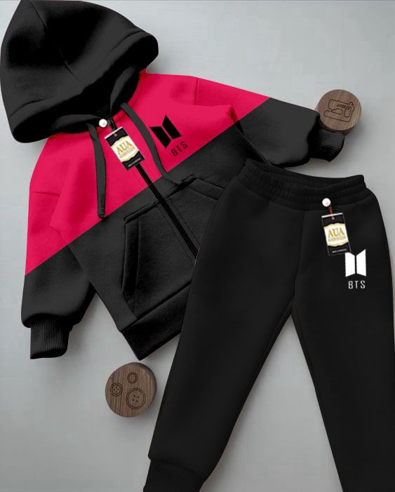 Printed Stylish Black & Red Kids' Tracksuit Set with Zipper Hoodie and Trousers (1-10 Years)"