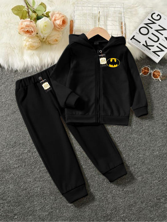 Printed Stylish Black Kids' Tracksuit Set with Zipper Hoodie and Trousers (1-10 Years)"