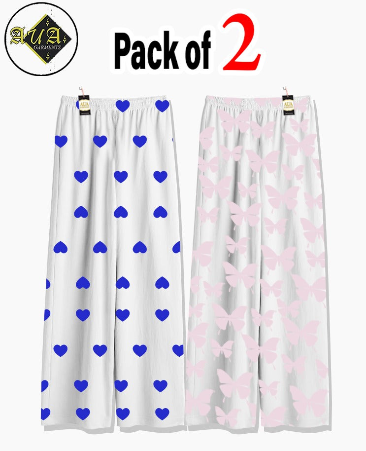 Pack of 2 Women's Nightwear Pajama Set - Blue Mini Heart & Pink Butterfly  trouser Print