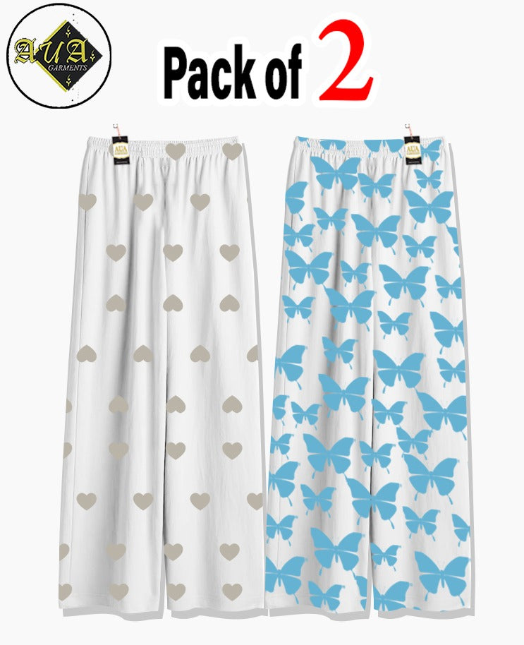 Pack of 2 Women's Nightwear Pajama Set - Grey Mini Heart & Blue Butterfly trouser Print