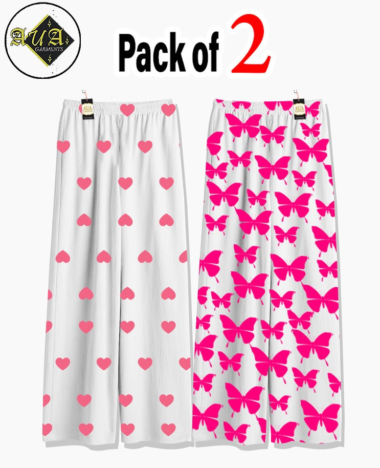 Pack of 2 Women's Nightwear Pajama Set - Baby Pink Mini Heart & Pink Butterfly  trouser Print