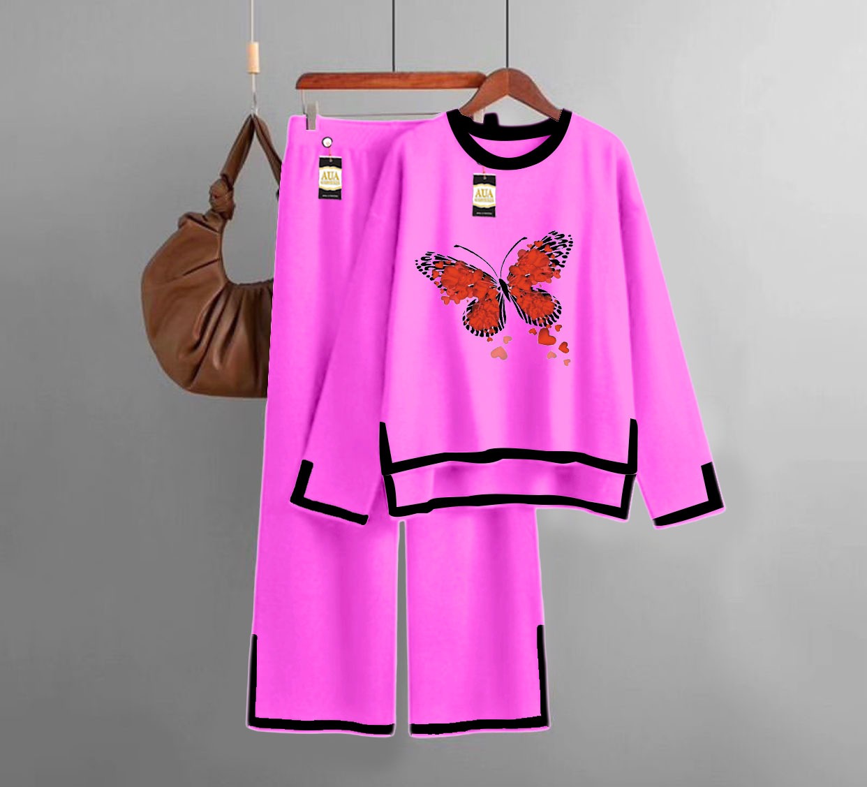 Red Butterfly Turkish Winter Co-Ord Set for Women - Warm & Stylish Loungewear Hot Pink