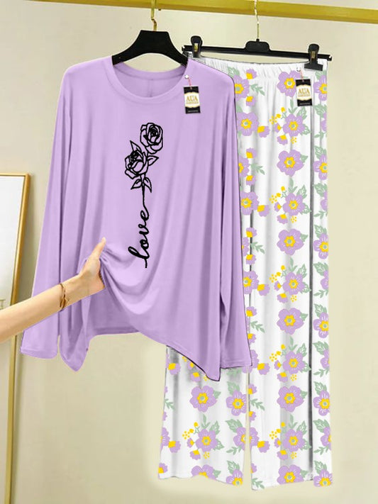 Purple Rose Love Printed Nightwear Set with Flower Printed Trousers – Women's Lounge Wear (005)