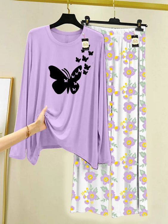 Purple Flying Butterflies Printed Nightwear Set with Flower Printed Trousers – Women's Lounge Wear (005)