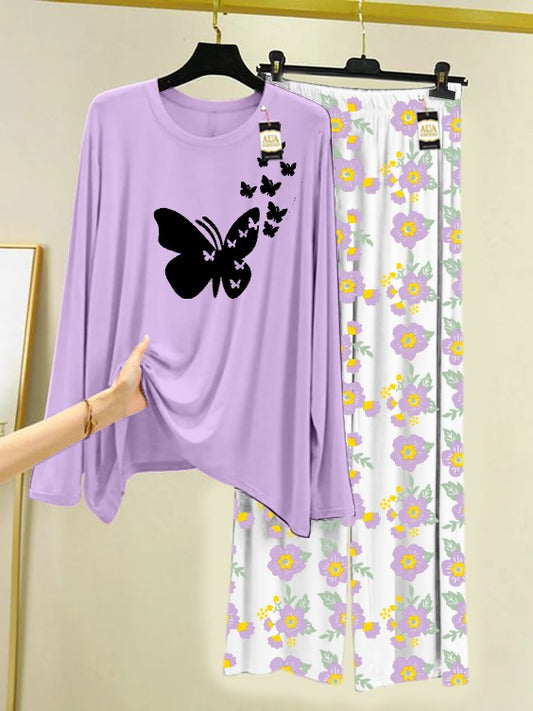 Purple Flying Butterflies Printed Nightwear Set with Flower Printed Trousers – Women's Lounge Wear (005)