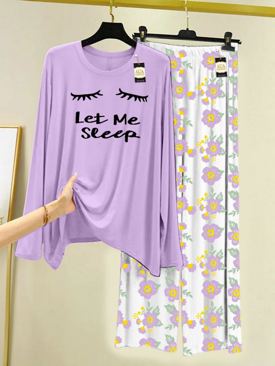 Purple Let Me Sleep Printed Nightwear Set with Flower Printed Trousers – Women's Lounge Wear (005)