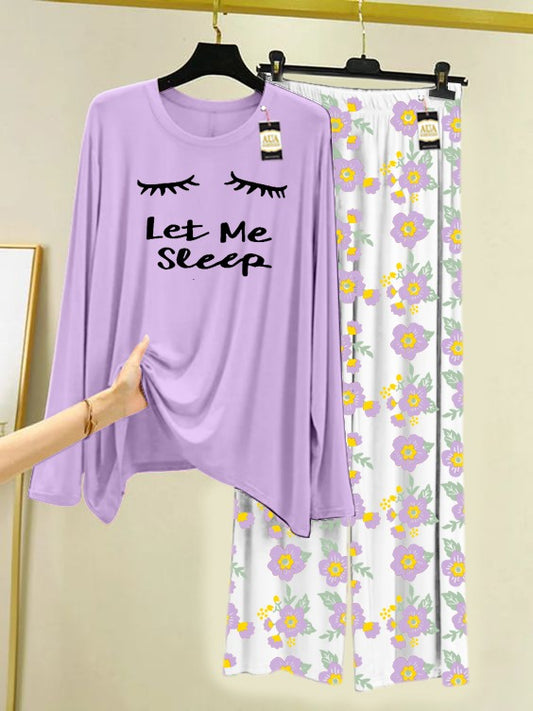 Purple Let Me Sleep Printed Nightwear Set with Flower Printed Trousers – Women's Lounge Wear (005)