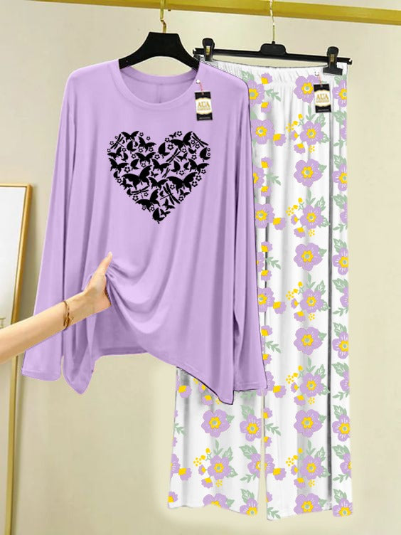 Purple New Heart Printed Nightwear Set with Flower Printed Trousers – Women's Lounge Wear (005)