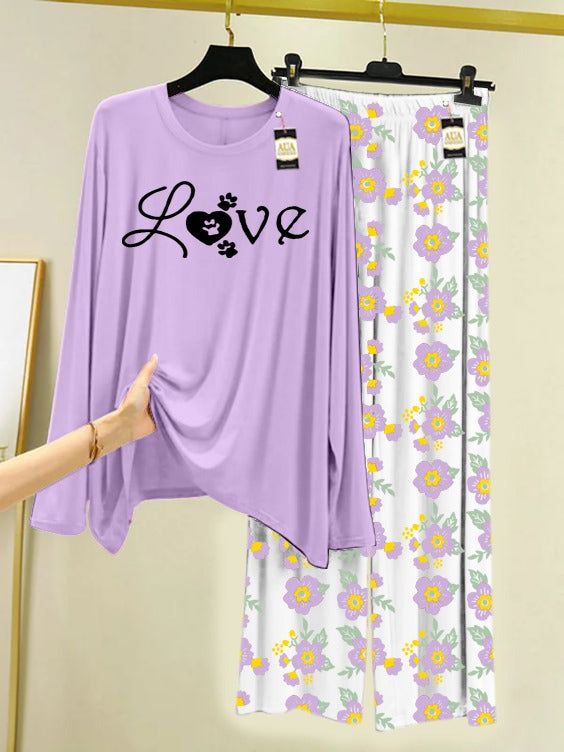 Purple Love Printed Nightwear Set with Flower Printed Trousers – Women's Lounge Wear (005)