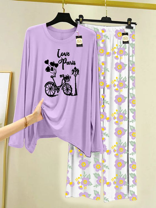 Purple Love Paris Printed Nightwear Set with Flower Printed Trousers – Women's Lounge Wear (005)