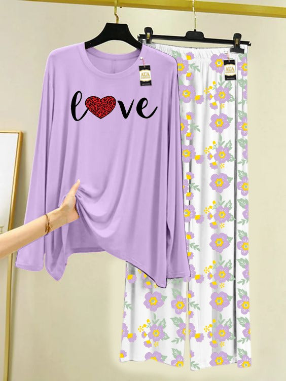 Purple Red Heart Love Printed Nightwear Set with Flower Printed Trousers – Women's Lounge Wear (005)