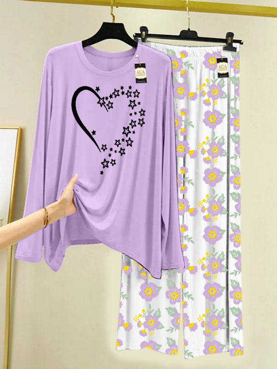 Purple Star Heart Printed Nightwear Set with Flower Printed Trousers – Women's Lounge Wear (005)