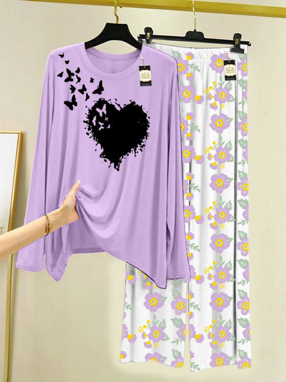 Purple Butterfly Heart Printed Nightwear Set with Flower Printed Trousers – Women's Lounge Wear (005)