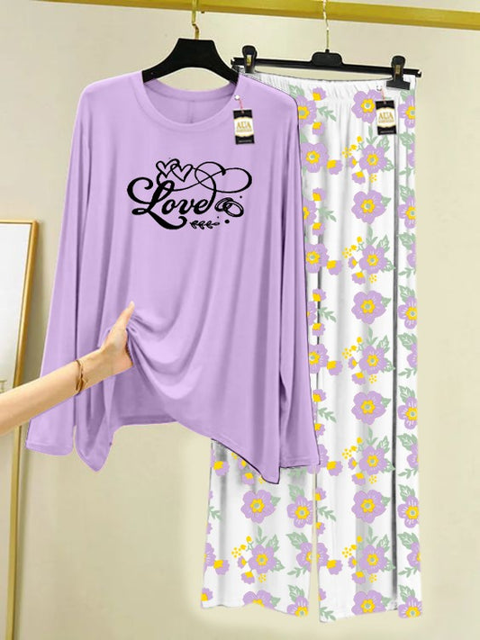 Purple Love Heart Printed Nightwear Set with Flower Printed Trousers – Women's Lounge Wear (005)