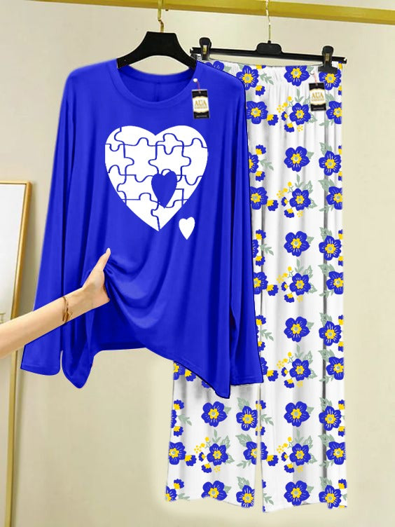 Blue Puzzle Heart Printed Nightwear Set with Flower Printed Trousers – Women's Lounge Wear (005