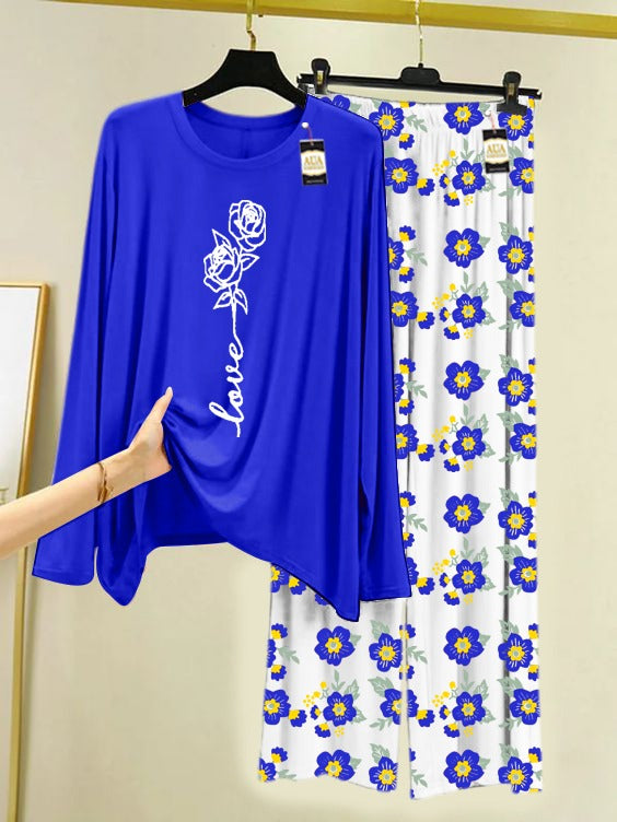 Blue Rose Love Printed Nightwear Set with Flower Printed Trousers – Women's Lounge Wear (005