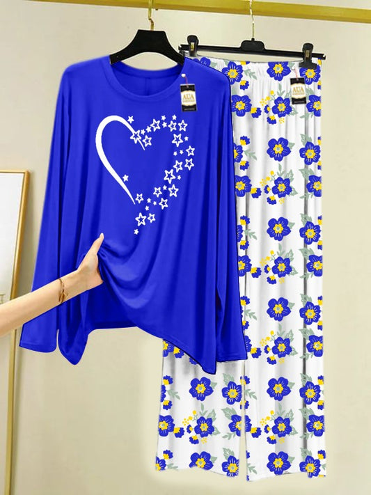 Blue Star Heart Printed Nightwear Set with Flower Printed Trousers – Women's Lounge Wear (005