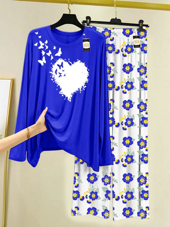 Blue Heart Butterfly Printed Nightwear Set with Flower Printed Trousers – Women's Lounge Wear (005