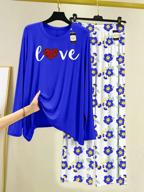 Blue Love Red Heart Printed Nightwear Set with Flower Printed Trousers – Women's Lounge Wear (005