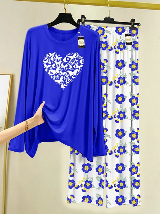 Blue New Heart Printed Nightwear Set with Flower Printed Trousers – Women's Lounge Wear (005