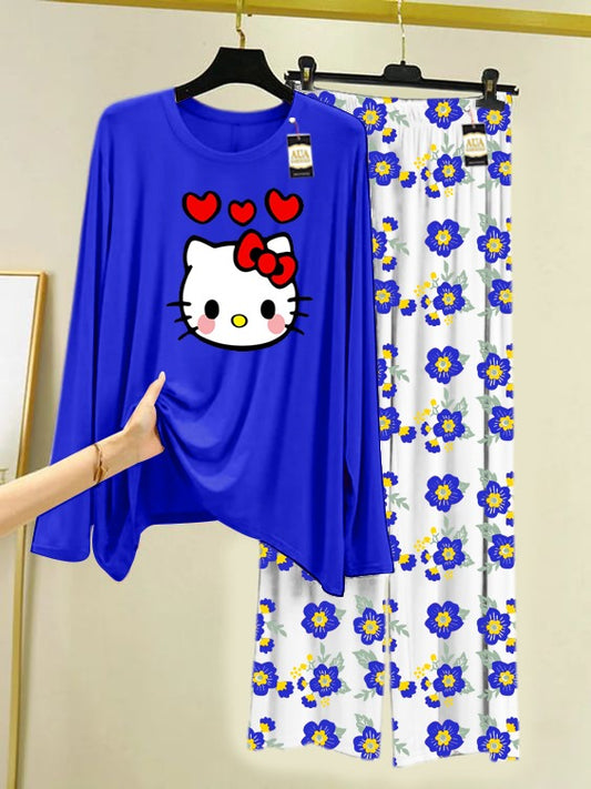 Blue Hello kitty Printed Nightwear Set with Flower Printed Trousers – Women's Lounge Wear (005