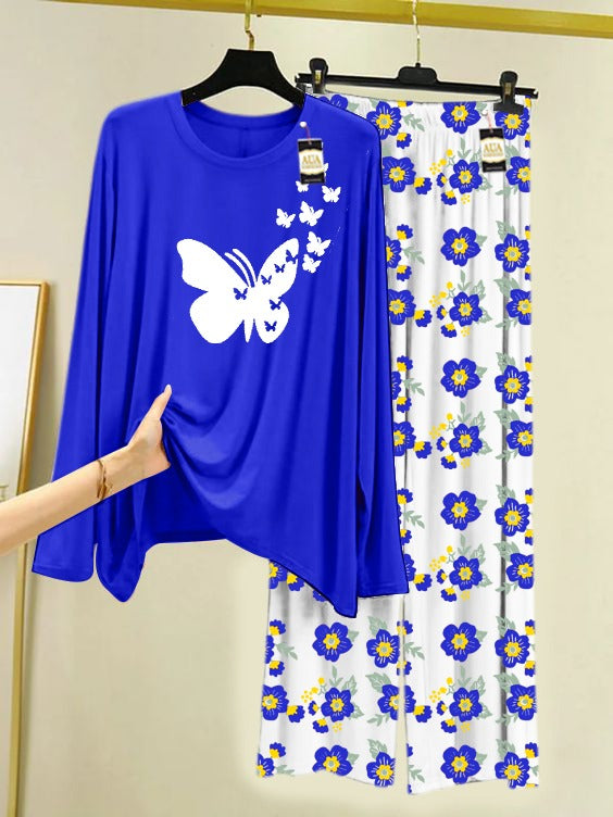 Blue Flying Butterflies Printed Nightwear Set with Flower Printed Trousers – Women's Lounge Wear (005