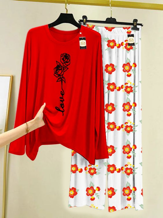 Red Rose Love Printed Nightwear Set with Flower Printed Trousers – Women's Lounge Wear (005)