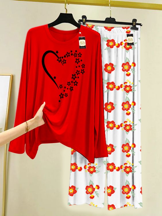 Red Star Heart Printed Nightwear Set with Flower Printed Trousers – Women's Lounge Wear (005)