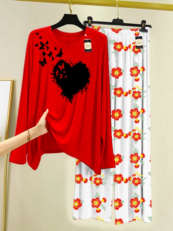 Heart Butterfly  Printed Nightwear Set with Flower Printed Trousers – Women's Lounge Wear (005)