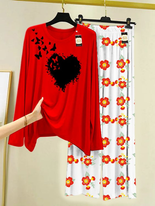 Heart Butterfly  Printed Nightwear Set with Flower Printed Trousers – Women's Lounge Wear (005)